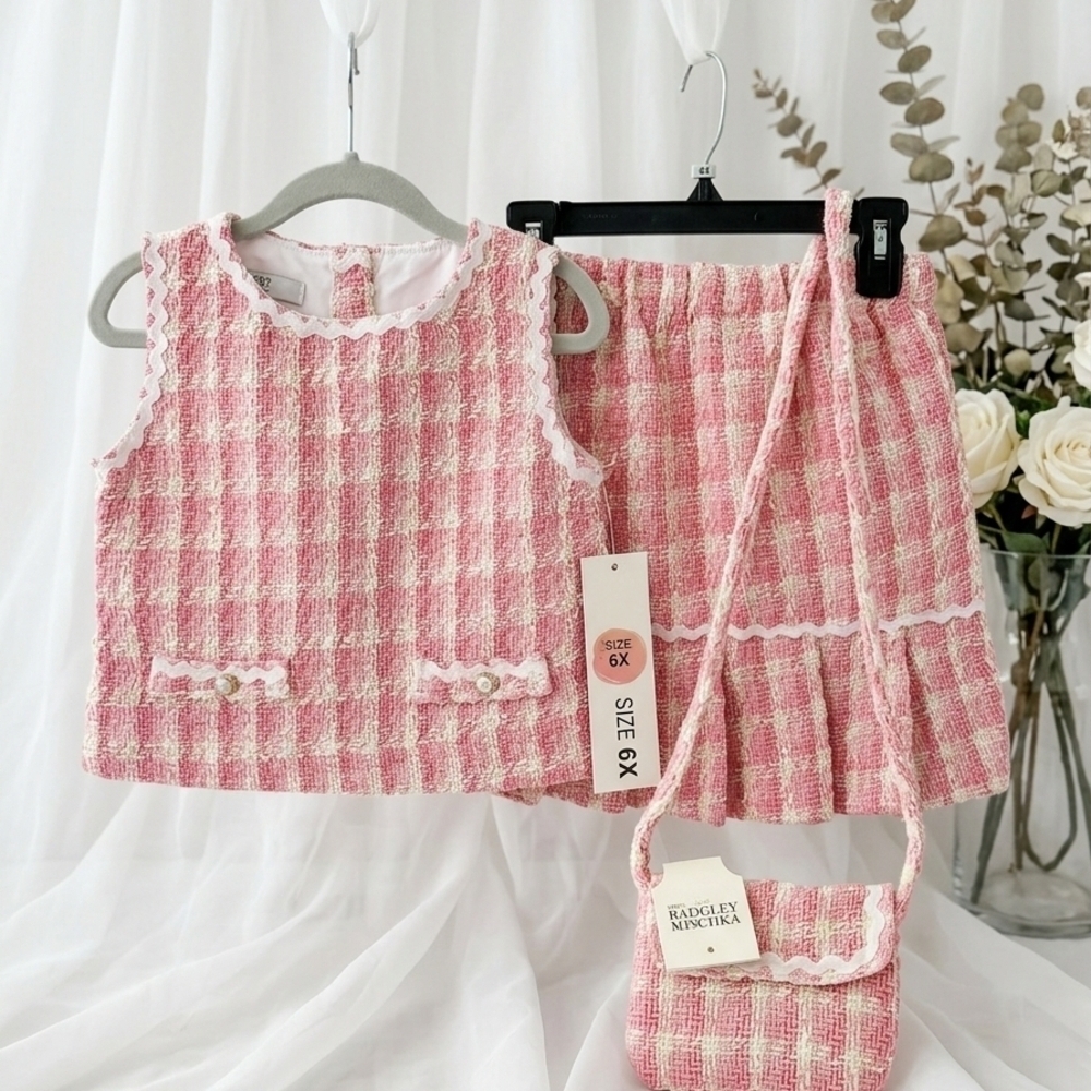 Badgley Mischka Pink/Cream Tweed Two-Piece Set w/ Matching Purse, S6X, NWT